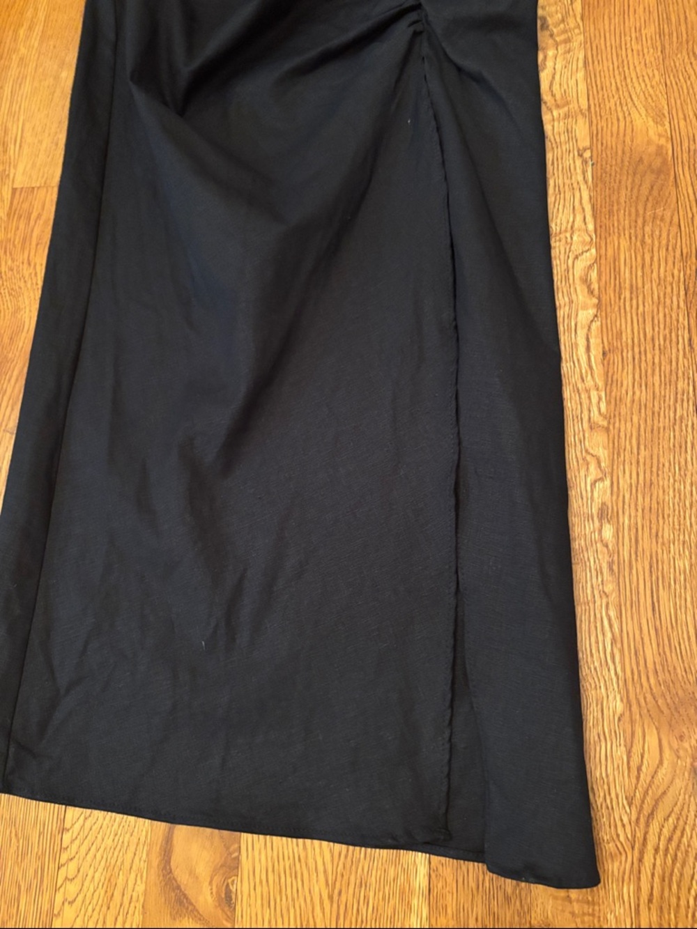 Zara draped ruched linen blend one shoulder front slit black midi dress sz.S - Picture 4 of 11